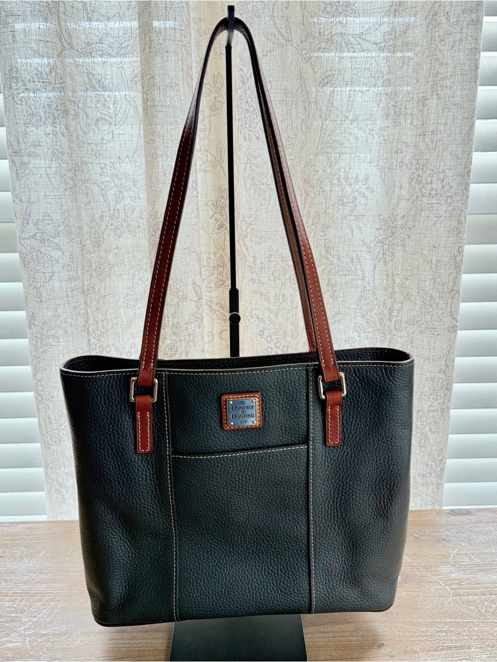 Dooney & Bourke Navy Pebbled Leather Tote with Brown Straps